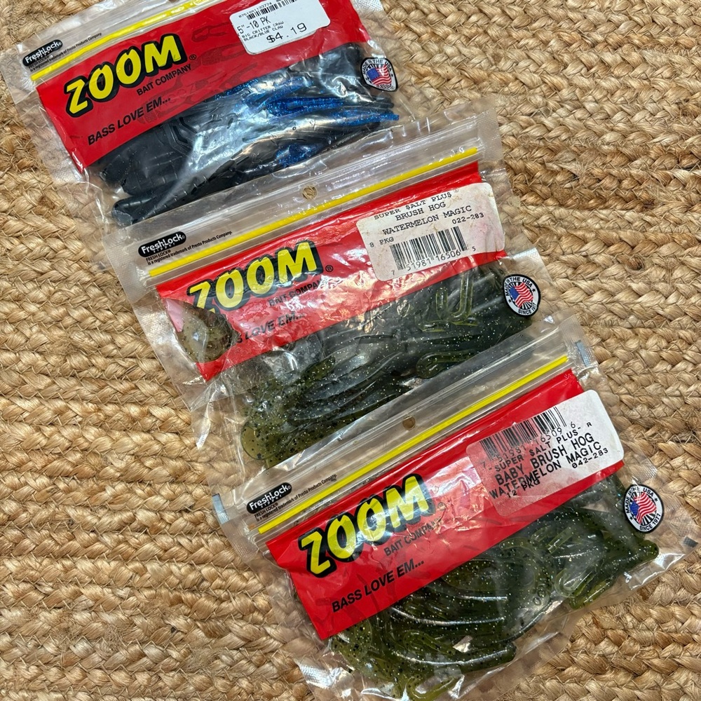 Lot of 3 packs of Zoom Jerk Baits-Brush Hogs, Baby Brush Hogs & Critter Crawls